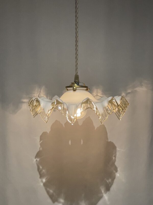 ランプシェイドのみ：アンティーク 玉虫黄色&翠&乳白&桜 ファブリル系虹彩ガラス French yellow × white opaline glass shade lamp 1灯 / フレンチ
